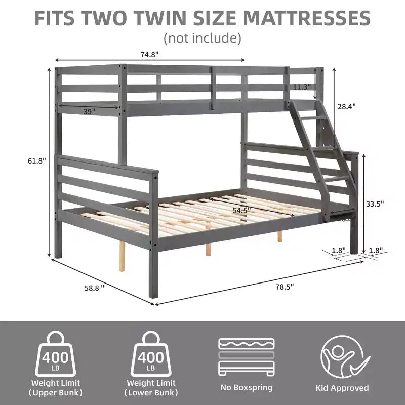 Twin over Full Bunk Bed with Ladder,Wooden Bunk Bed with High Guardrail ,No Box Spring Needed,Natural