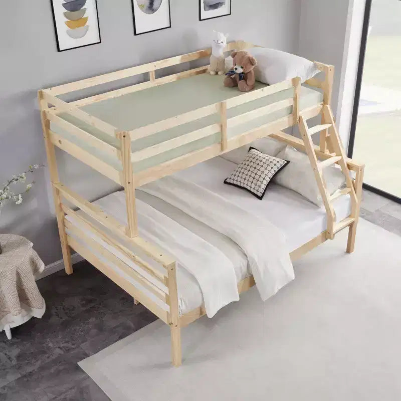 Twin over Full Bunk Bed with Ladder,Wooden Bunk Bed with High Guardrail ,No Box Spring Needed,Natural