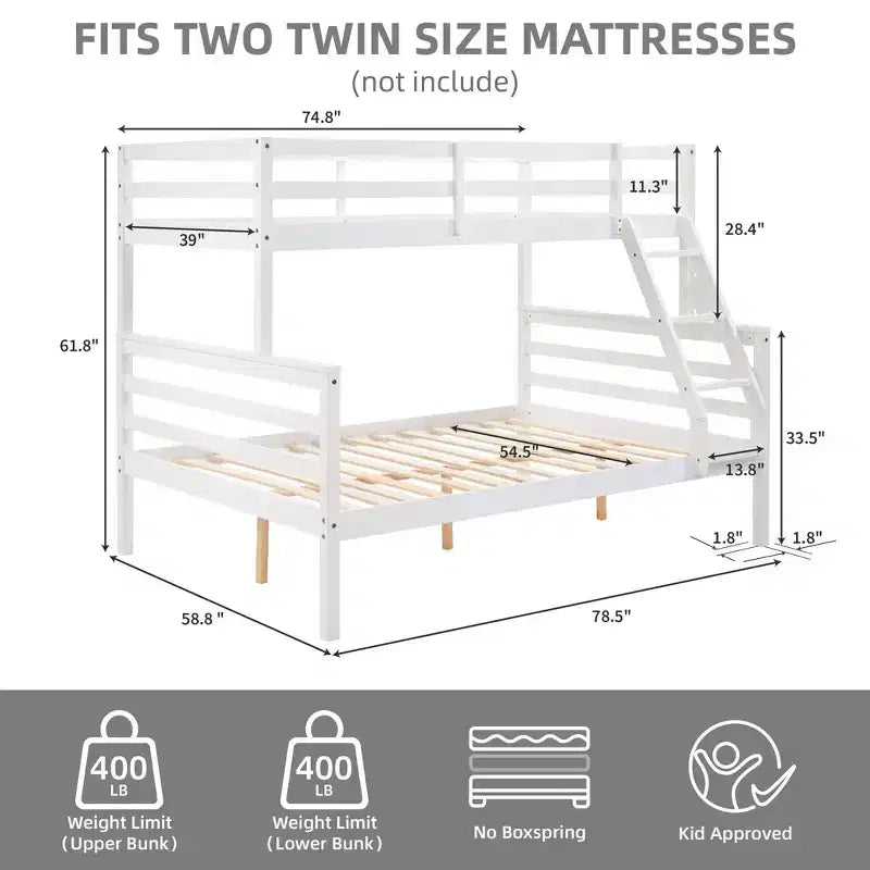 Twin over Full Bunk Bed with Ladder,Wooden Bunk Bed with High Guardrail ,No Box Spring Needed,Natural