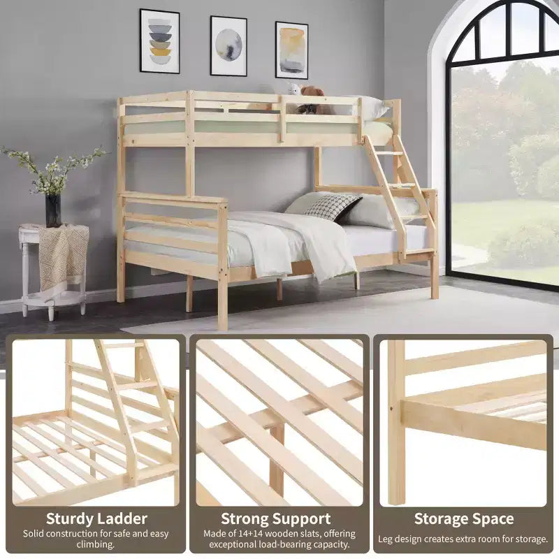 Twin over Full Bunk Bed with Ladder,Wooden Bunk Bed with High Guardrail ,No Box Spring Needed,Natural