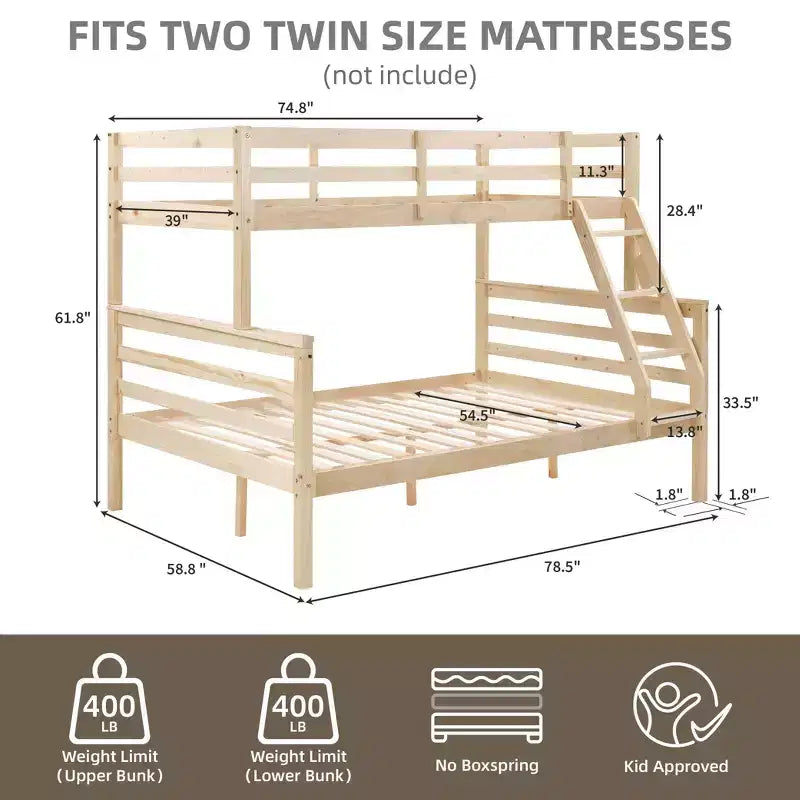 Twin over Full Bunk Bed with Ladder,Wooden Bunk Bed with High Guardrail ,No Box Spring Needed,Natural