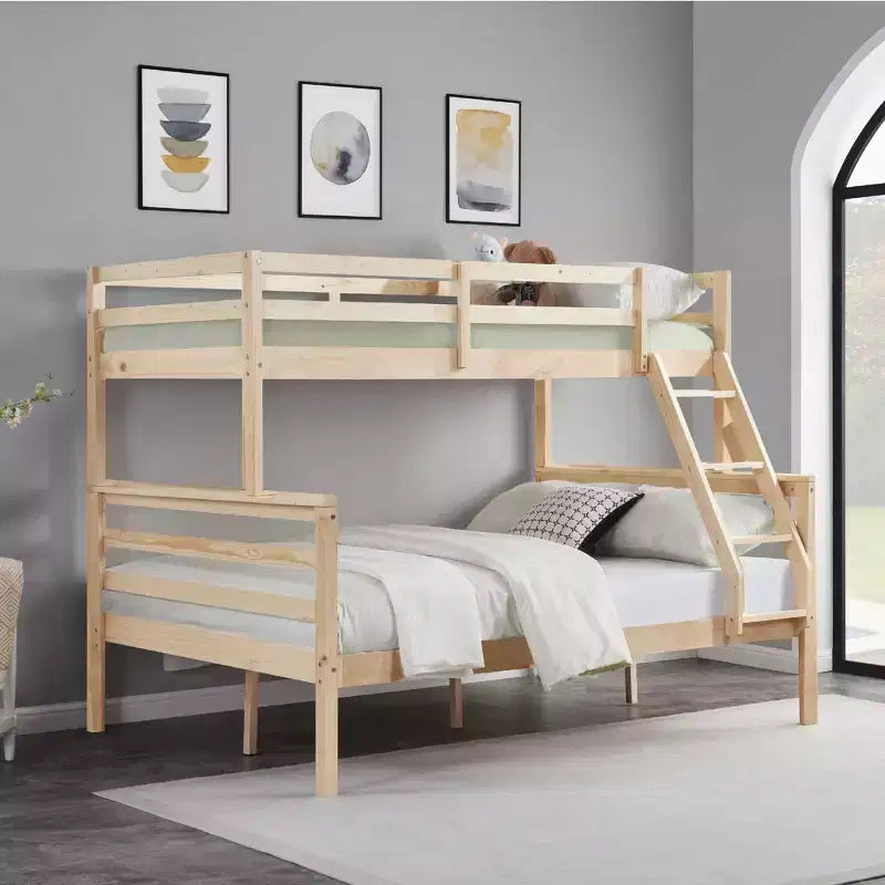 Twin over Full Bunk Bed with Ladder,Wooden Bunk Bed with High Guardrail ,No Box Spring Needed,Natural