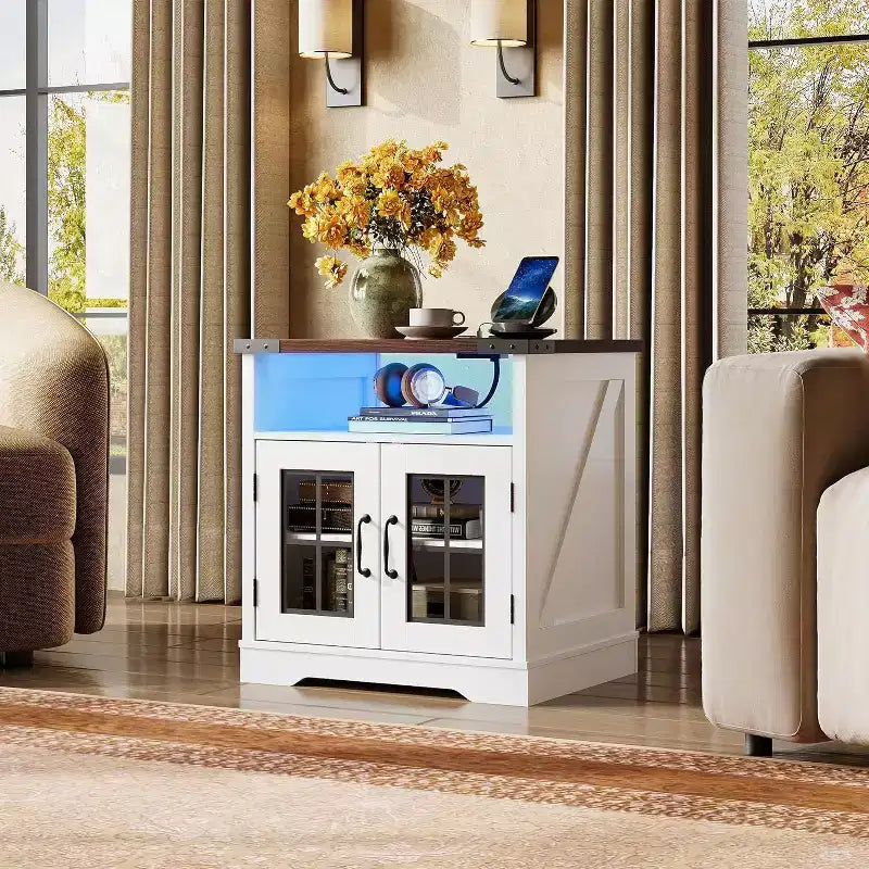Farmhouse Style Side Table with Charging Station, LED Nightstand with Adjustable Storage Shelf for Living Room, Bedroom, Office, Espresso