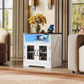 Farmhouse Style Side Table with Charging Station, LED Nightstand with Adjustable Storage Shelf for Living Room, Bedroom, Office, Espresso