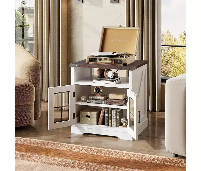 Farmhouse Style Side Table with Charging Station, LED Nightstand with Adjustable Storage Shelf for Living Room, Bedroom, Office, Espresso