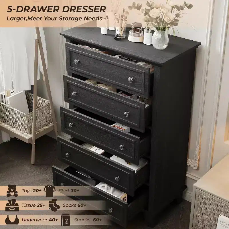 GustoWave 5-Drawer Tall Dresser,48 Vintage Wood Chest with Storage for Bedroom, Hallway & Closet