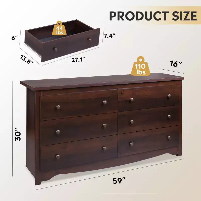 DEXYLLO 6 Drawers Modern Storage Dresser, 59-inch Wide Wood Chest for Bedroom/Living Room, Long Nightstand Organizer Unit