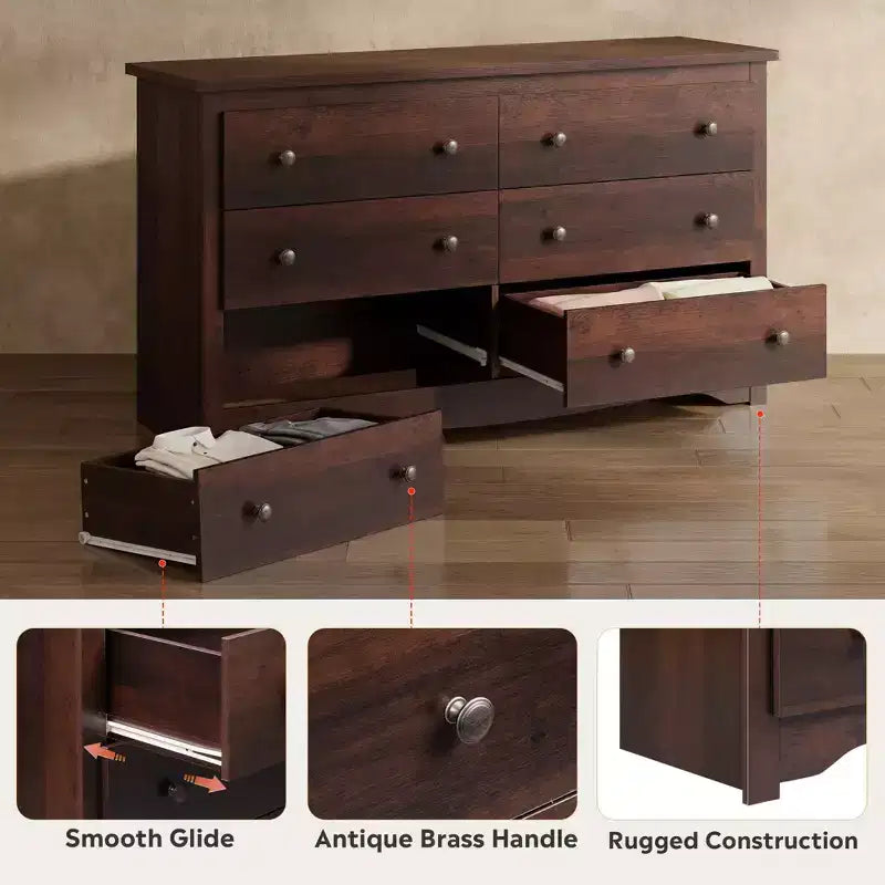 DEXYLLO 6 Drawers Modern Storage Dresser, 59-inch Wide Wood Chest for Bedroom/Living Room, Long Nightstand Organizer Unit