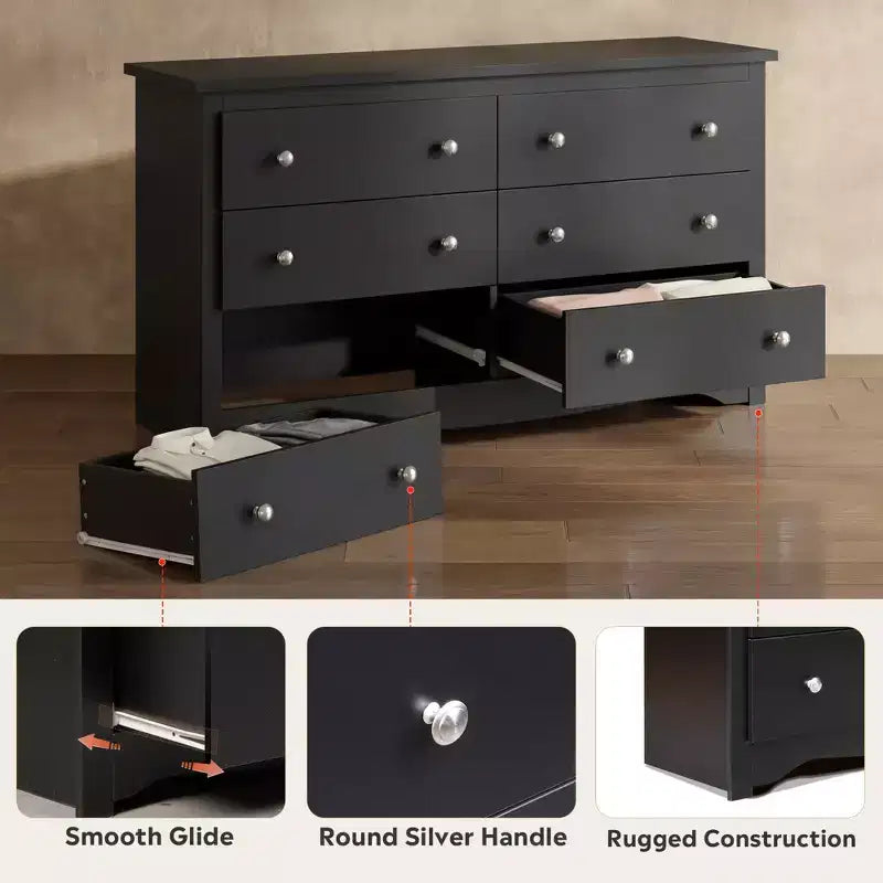 DEXYLLO 6 Drawers Modern Storage Dresser, 59-inch Wide Wood Chest for Bedroom/Living Room, Long Nightstand Organizer Unit