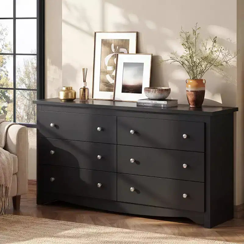 DEXYLLO 6 Drawers Modern Storage Dresser, 59-inch Wide Wood Chest for Bedroom/Living Room, Long Nightstand Organizer Unit