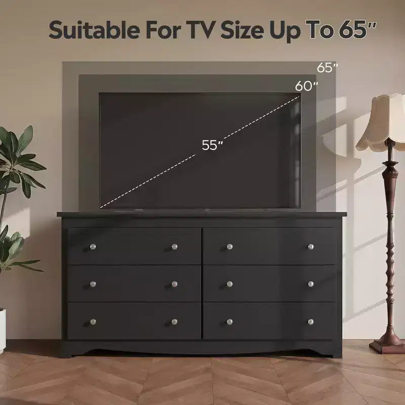 DEXYLLO 6 Drawers Modern Storage Dresser, 59-inch Wide Wood Chest for Bedroom/Living Room, Long Nightstand Organizer Unit