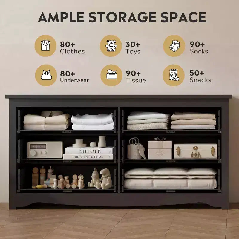 DEXYLLO 6 Drawers Modern Storage Dresser, 59-inch Wide Wood Chest for Bedroom/Living Room, Long Nightstand Organizer Unit