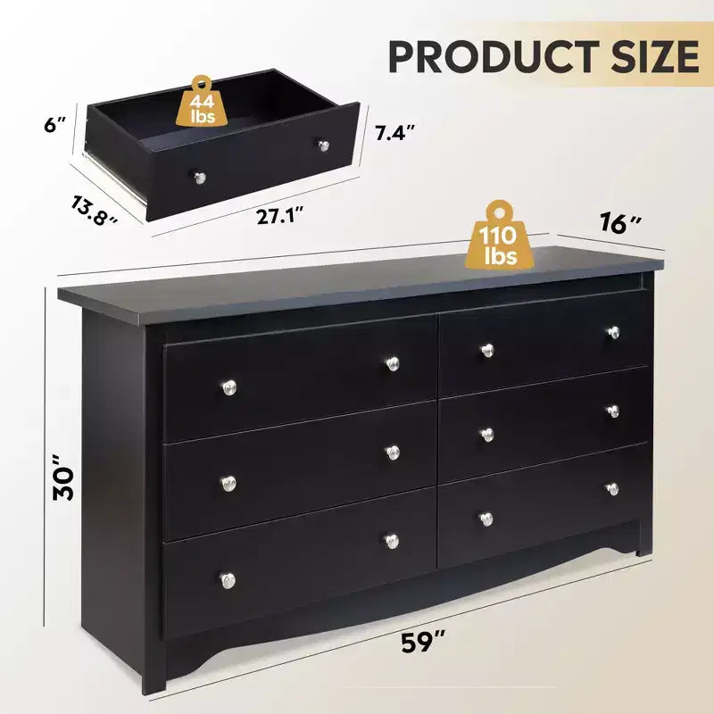 DEXYLLO 6 Drawers Modern Storage Dresser, 59-inch Wide Wood Chest for Bedroom/Living Room, Long Nightstand Organizer Unit