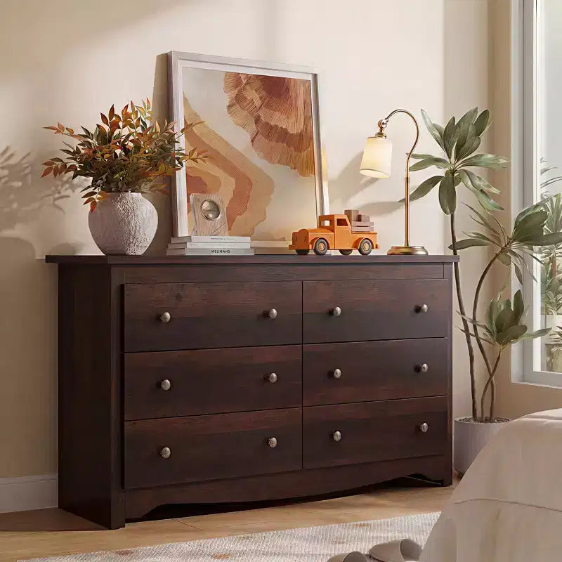 DEXYLLO 6 Drawers Modern Storage Dresser, 59-inch Wide Wood Chest for Bedroom/Living Room, Long Nightstand Organizer Unit