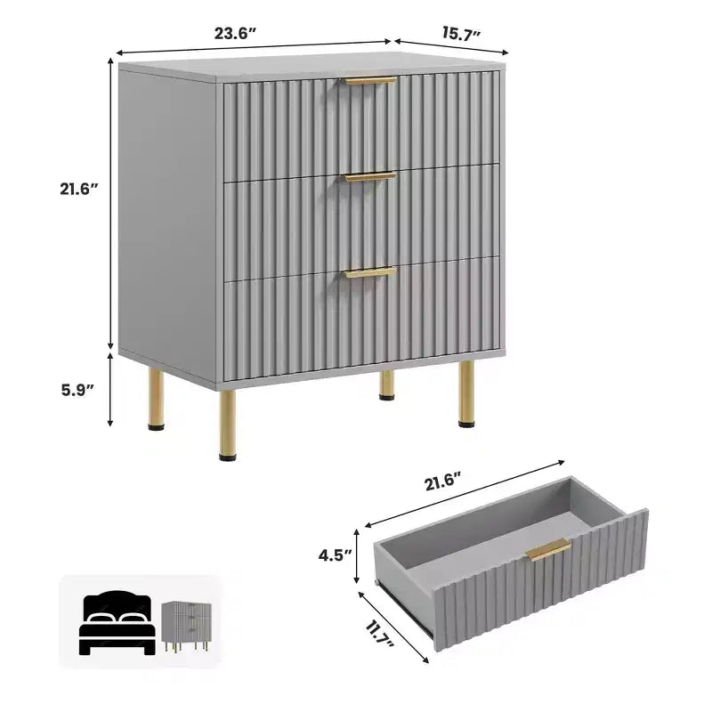 Commode à 3 tiroirs cannelés Zstar de 54,8 cm de haut pour chambre à coucher, tiroirs profonds
