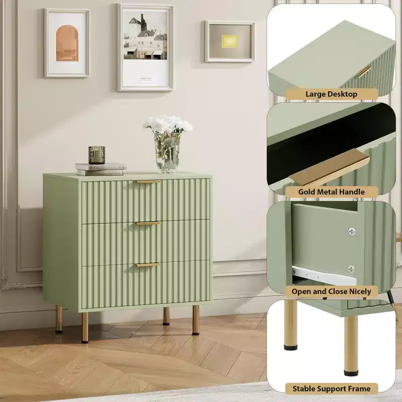 Commode à 3 tiroirs cannelés Zstar de 54,8 cm de haut pour chambre à coucher, tiroirs profonds