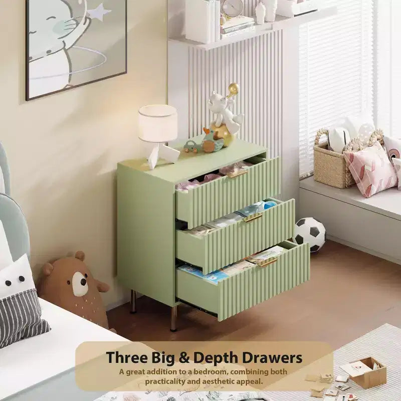 Commode à 3 tiroirs cannelés Zstar de 54,8 cm de haut pour chambre à coucher, tiroirs profonds