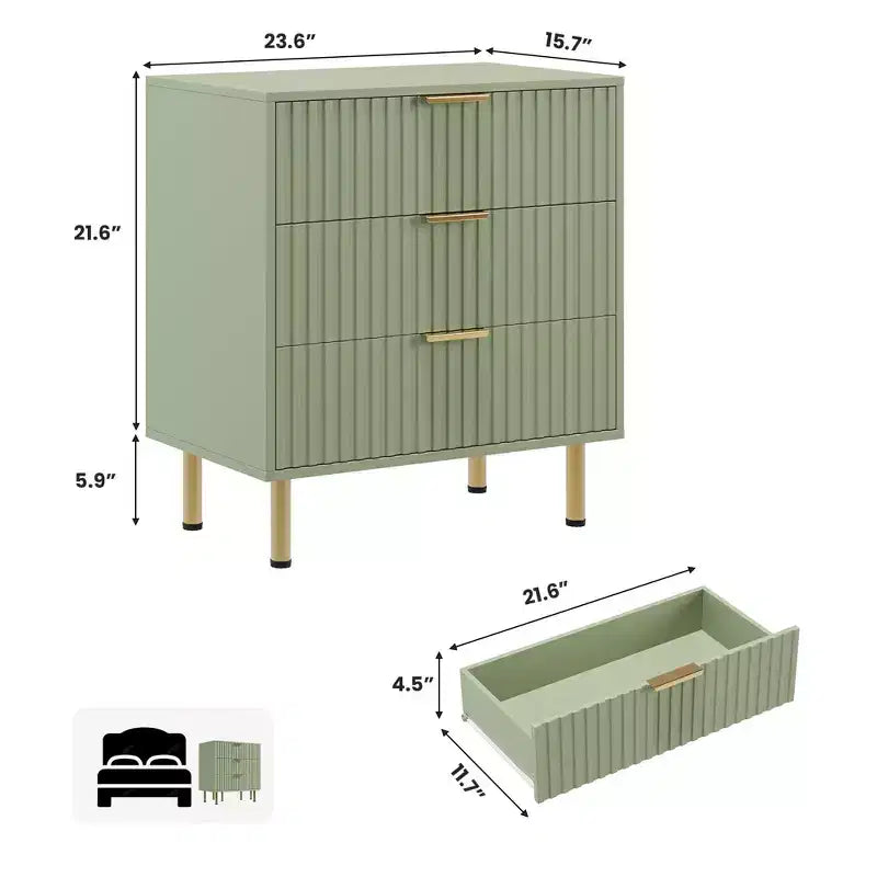 Commode à 3 tiroirs cannelés Zstar de 54,8 cm de haut pour chambre à coucher, tiroirs profonds