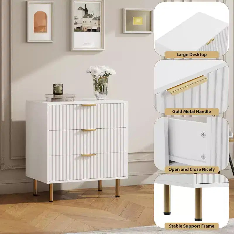 Commode à 3 tiroirs cannelés Zstar de 54,8 cm de haut pour chambre à coucher, tiroirs profonds