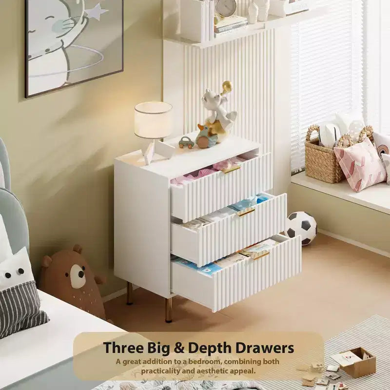 Commode à 3 tiroirs cannelés Zstar de 54,8 cm de haut pour chambre à coucher, tiroirs profonds