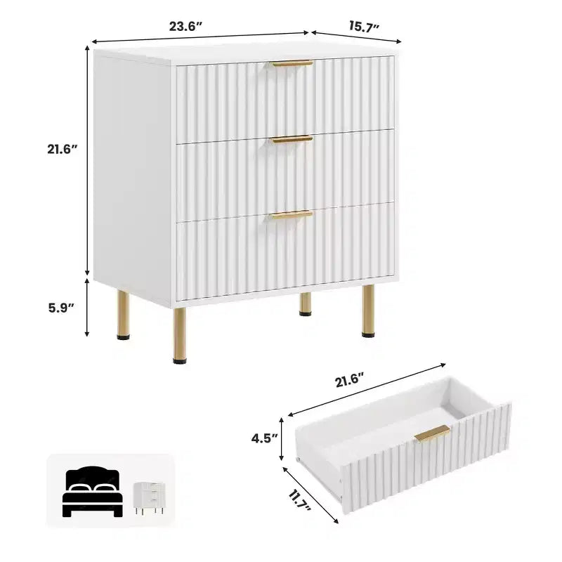 Commode à 3 tiroirs cannelés Zstar de 54,8 cm de haut pour chambre à coucher, tiroirs profonds