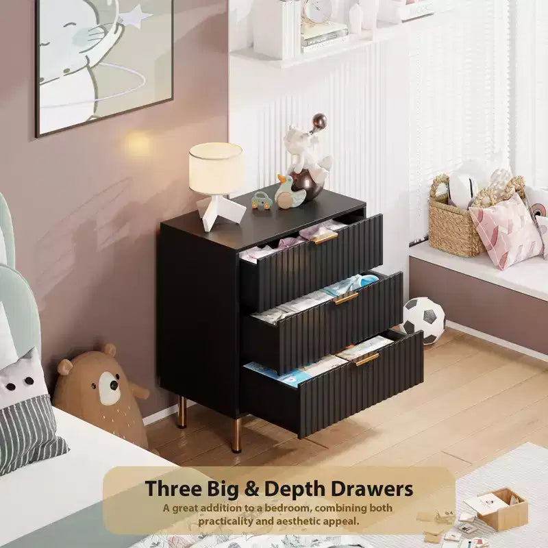 Commode à 3 tiroirs cannelés Zstar de 54,8 cm de haut pour chambre à coucher, tiroirs profonds