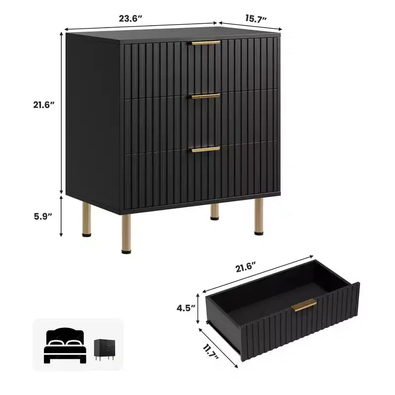 Zstar 21.6 Tall Fluted 3 Drawer Dresser for Bedroom, Deep Drawers