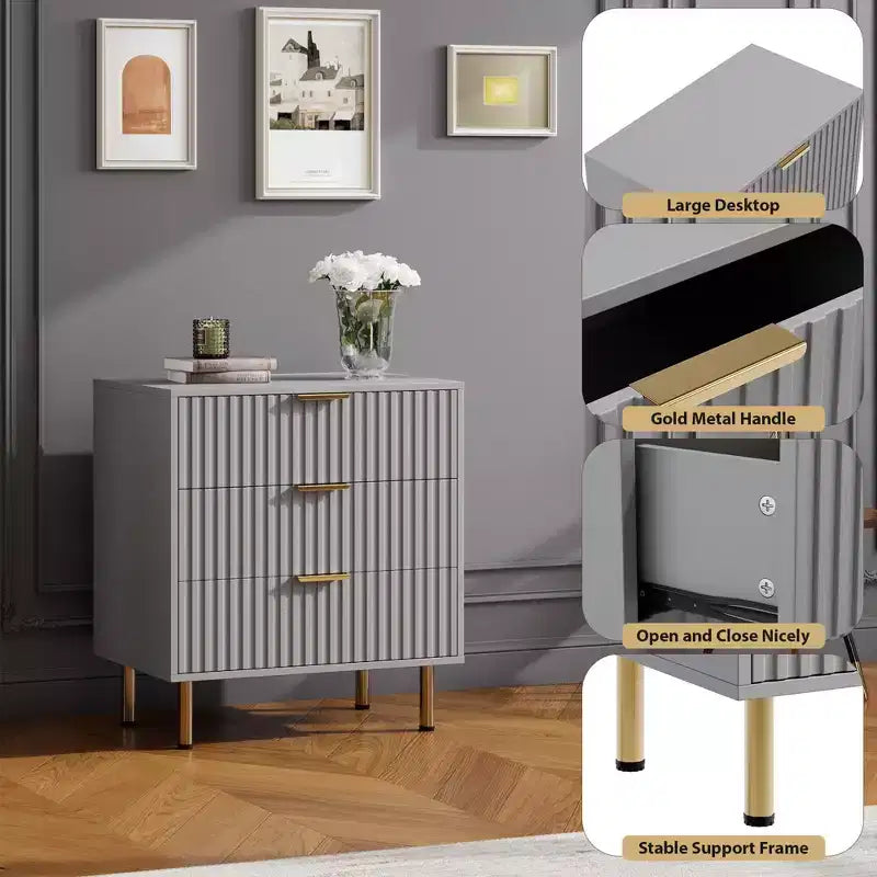 Commode à 3 tiroirs cannelés Zstar de 54,8 cm de haut pour chambre à coucher, tiroirs profonds