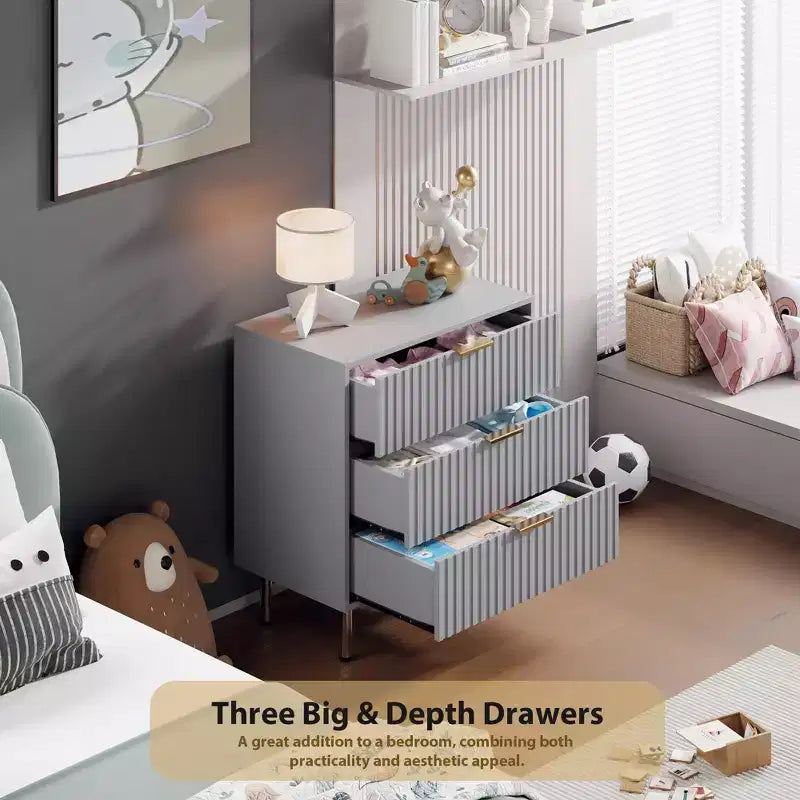 Commode à 3 tiroirs cannelés Zstar de 54,8 cm de haut pour chambre à coucher, tiroirs profonds