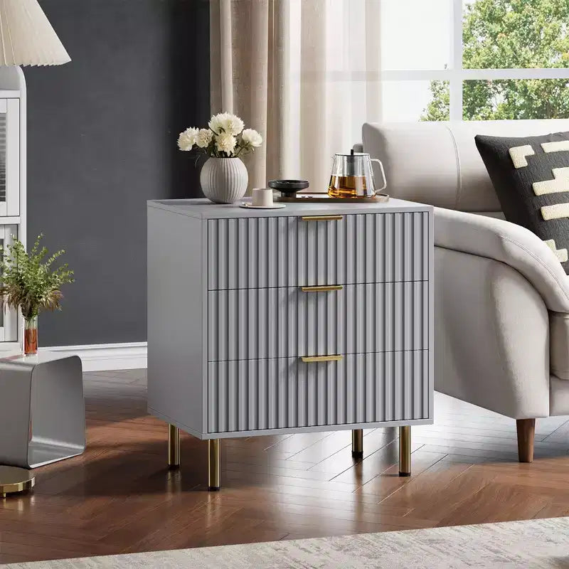 Commode à 3 tiroirs cannelés Zstar de 54,8 cm de haut pour chambre à coucher, tiroirs profonds