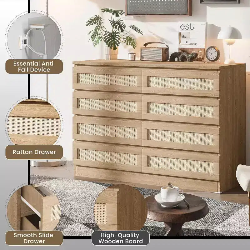 Zstar 8 Drawer Double Dresser for Bedroom, Living Room, Entryway, Hallway