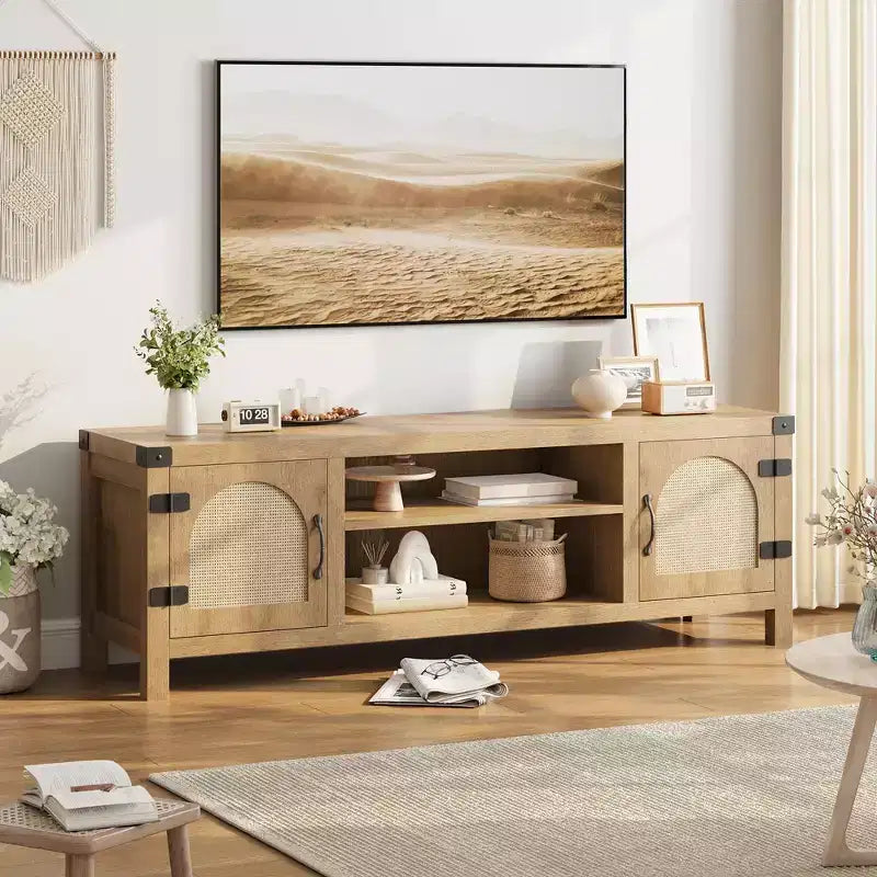 TV Stand for 65 Inch TV, with Rattan Door and Adjustable Shelves, Media TV Console with 2-Tier Open Storageand 2 Cabinets