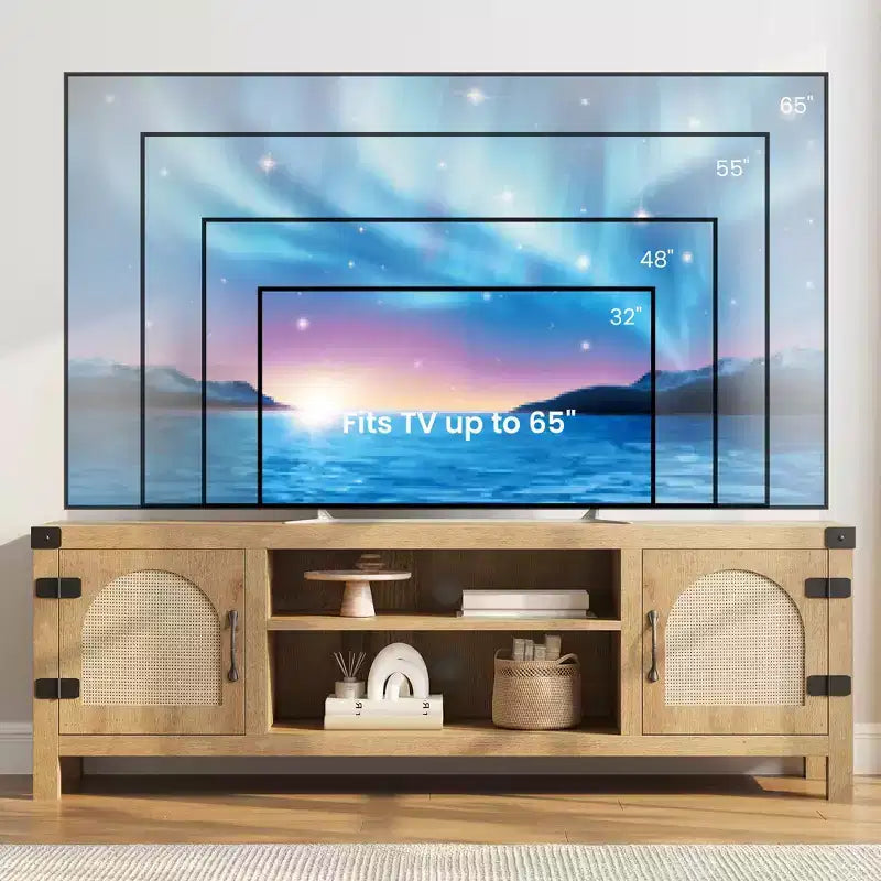 TV Stand for 65 Inch TV, with Rattan Door and Adjustable Shelves, Media TV Console with 2-Tier Open Storageand 2 Cabinets