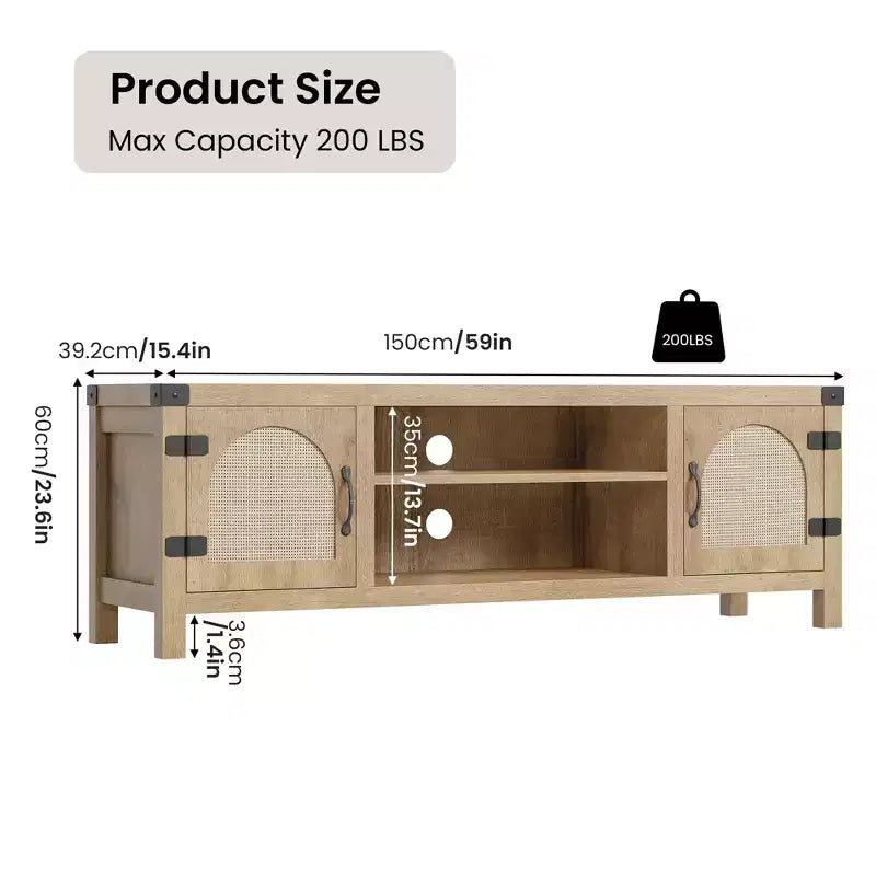 TV Stand for 65 Inch TV, with Rattan Door and Adjustable Shelves, Media TV Console with 2-Tier Open Storageand 2 Cabinets