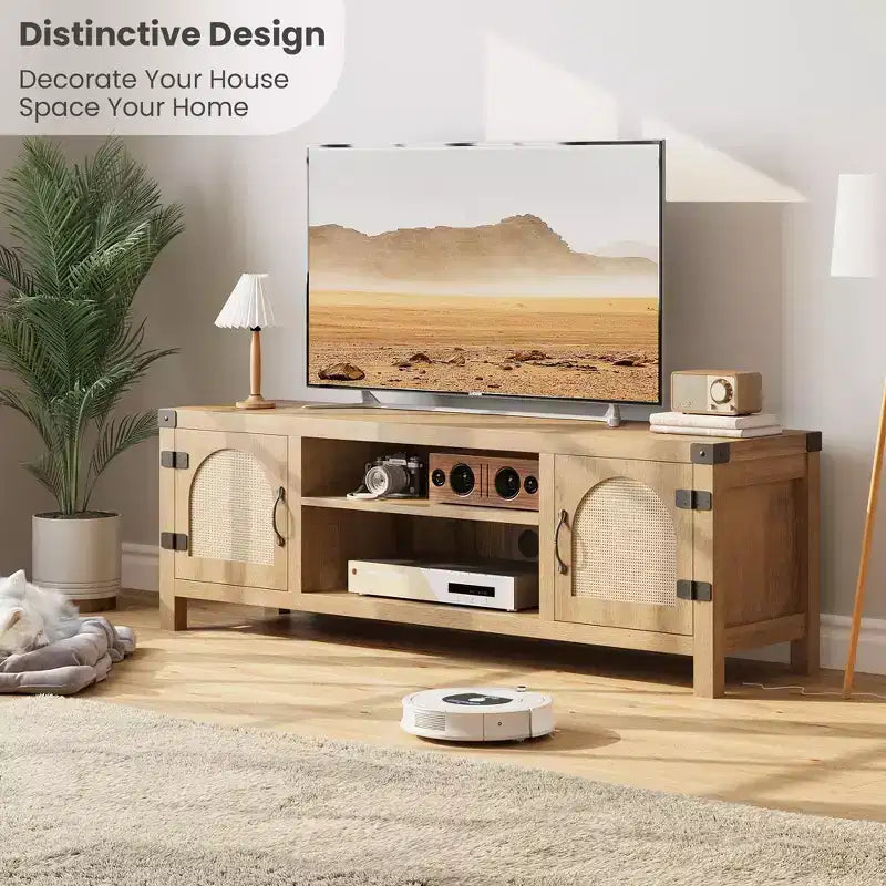 TV Stand for 65 Inch TV, with Rattan Door and Adjustable Shelves, Media TV Console with 2-Tier Open Storageand 2 Cabinets