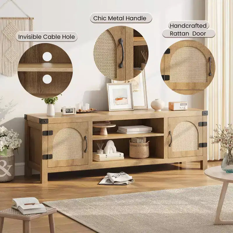 TV Stand for 65 Inch TV, with Rattan Door and Adjustable Shelves, Media TV Console with 2-Tier Open Storageand 2 Cabinets
