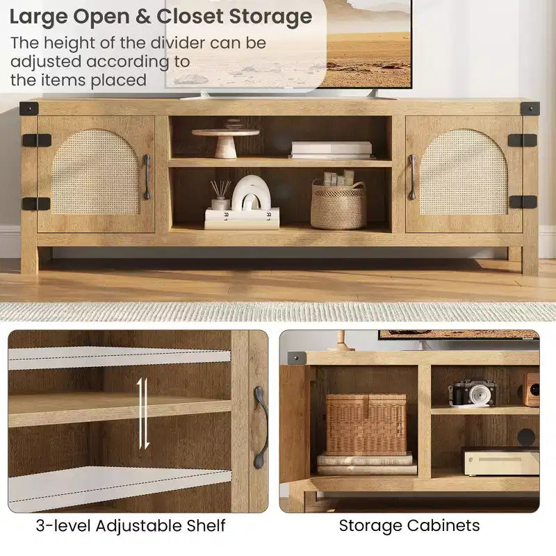 TV Stand for 65 Inch TV, with Rattan Door and Adjustable Shelves, Media TV Console with 2-Tier Open Storageand 2 Cabinets