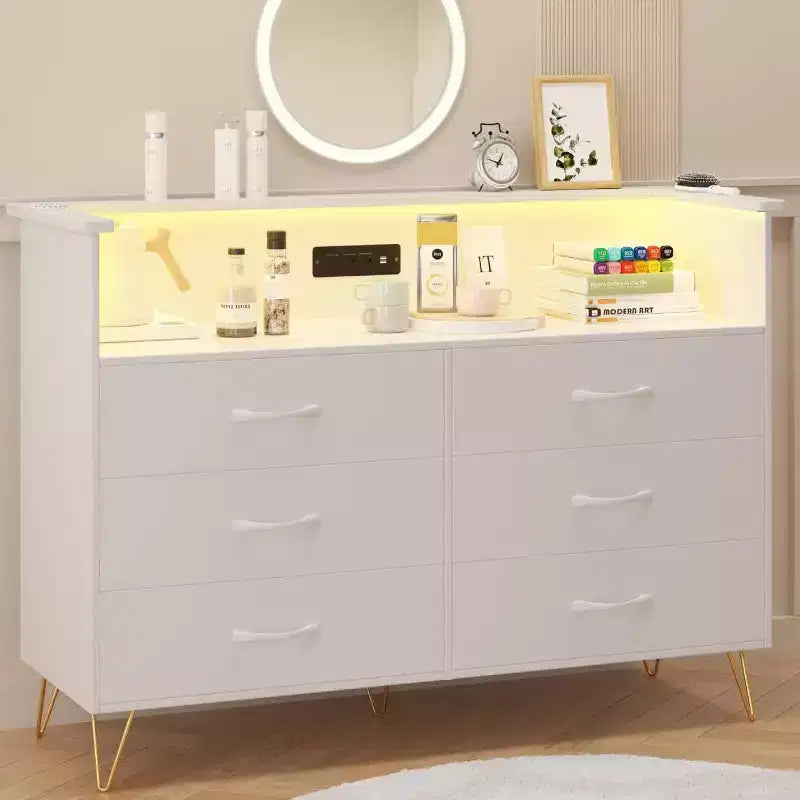 Zstar 6 Drawers Dresser with LED Light & Charging Station for Bedroom, Entryway, Hallway