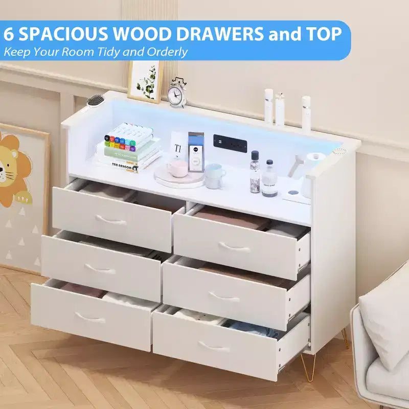 Zstar 6 Drawers Dresser with LED Light & Charging Station for Bedroom, Entryway, Hallway