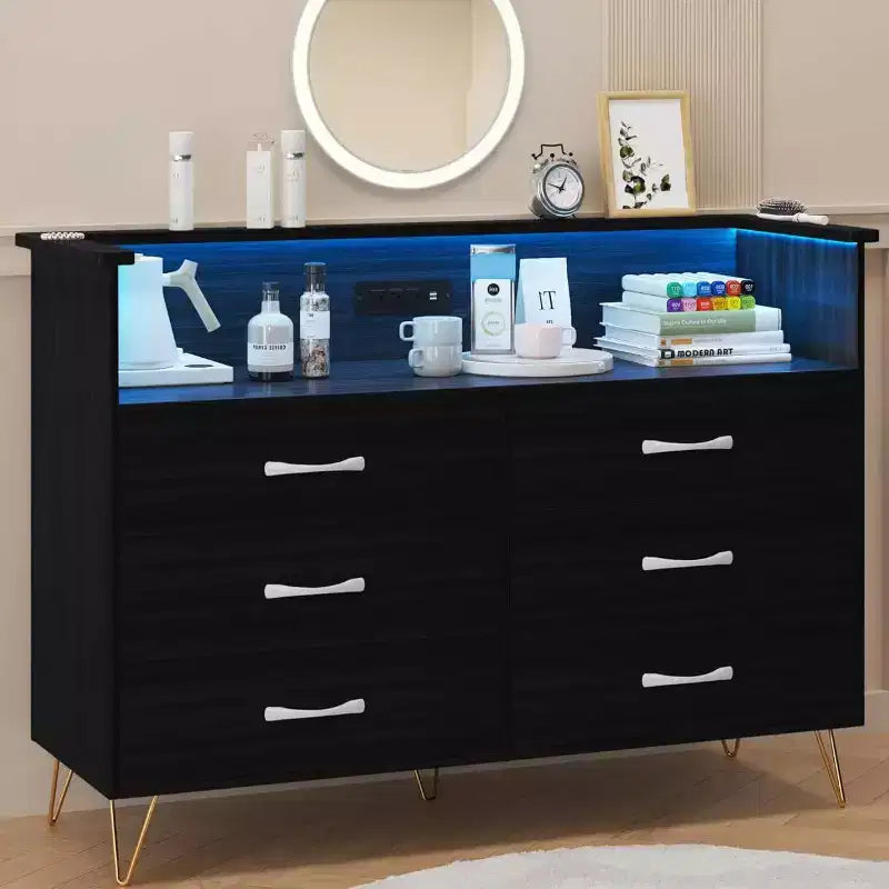 Zstar 6 Drawers Dresser with LED Light & Charging Station for Bedroom, Entryway, Hallway