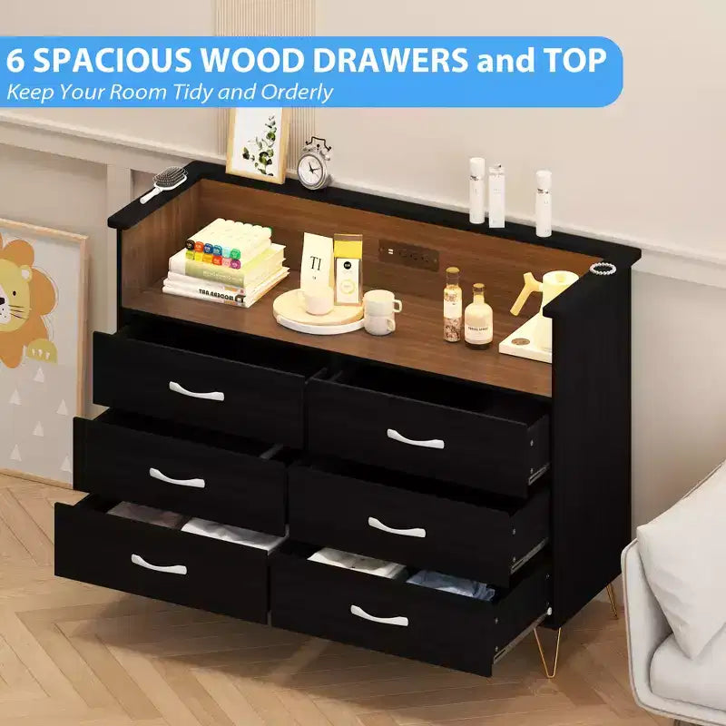 Zstar 6 Drawers Dresser with LED Light & Charging Station for Bedroom, Entryway, Hallway