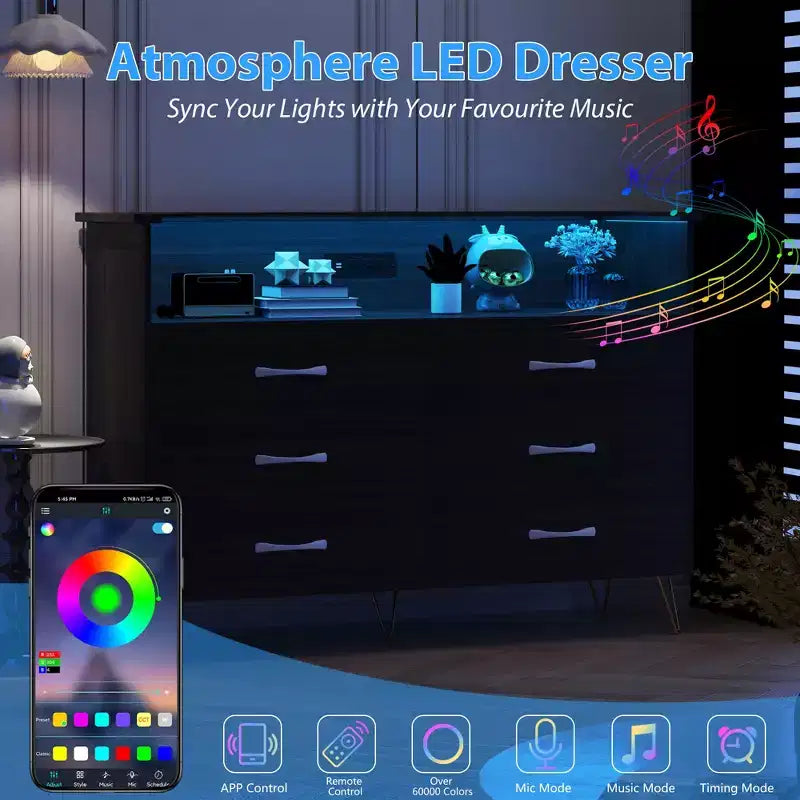 Zstar 6 Drawers Dresser with LED Light & Charging Station for Bedroom, Entryway, Hallway