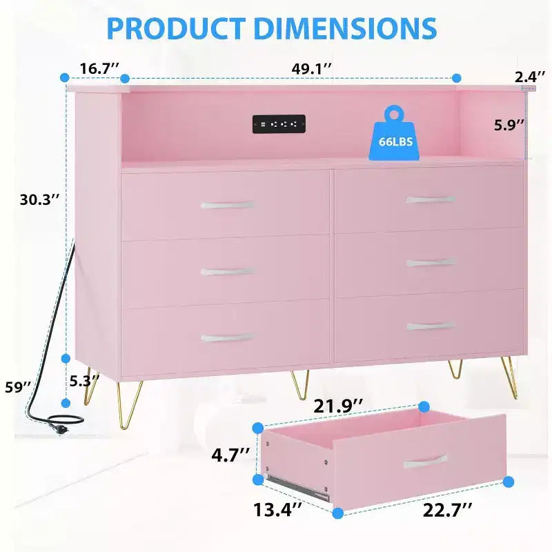 Zstar 6 Drawers Dresser with LED Light & Charging Station for Bedroom, Entryway, Hallway