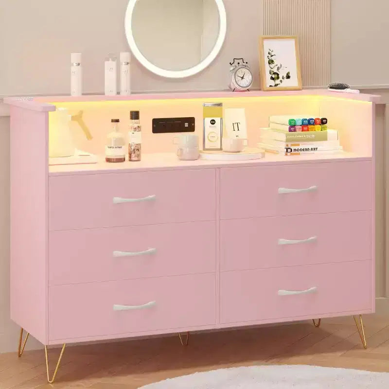 Zstar 6 Drawers Dresser with LED Light & Charging Station for Bedroom, Entryway, Hallway