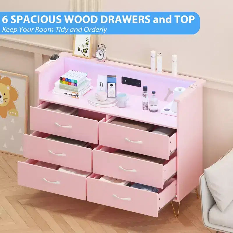 Zstar 6 Drawers Dresser with LED Light & Charging Station for Bedroom, Entryway, Hallway