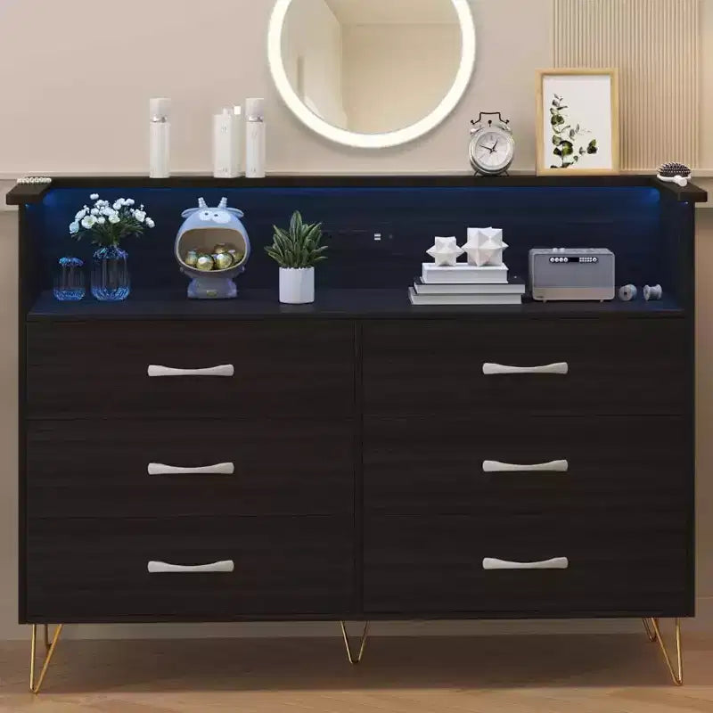 Zstar 6 Drawers Dresser with LED Light & Charging Station for Bedroom, Entryway, Hallway