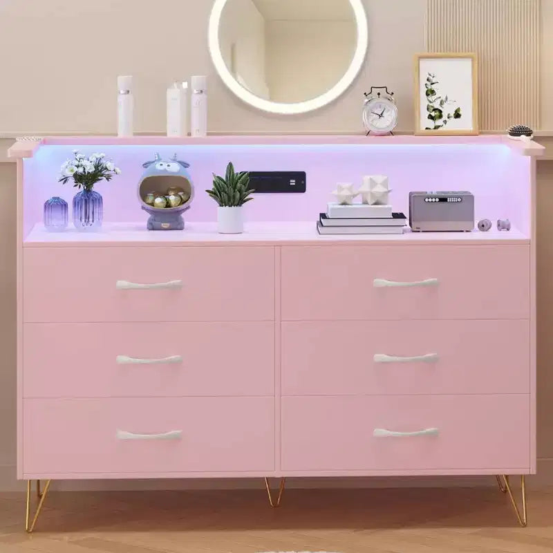 Zstar 6 Drawers Dresser with LED Light & Charging Station for Bedroom, Entryway, Hallway