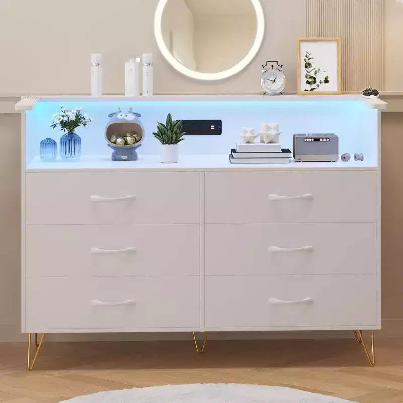 Zstar 6 Drawers Dresser with LED Light & Charging Station for Bedroom, Entryway, Hallway
