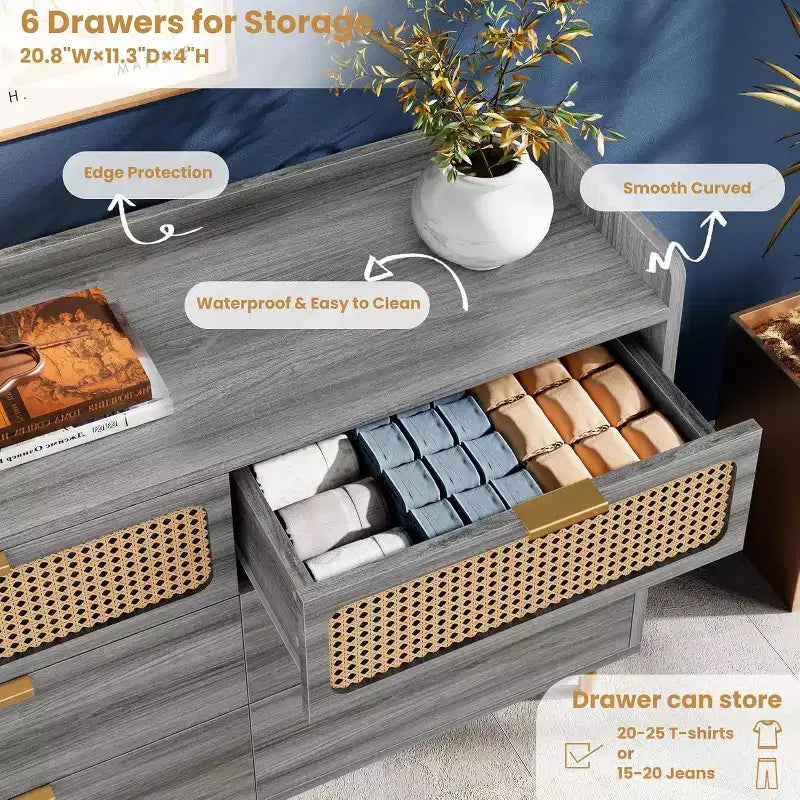 Zstar 47 wide 6 drawer double dresser for bedroom