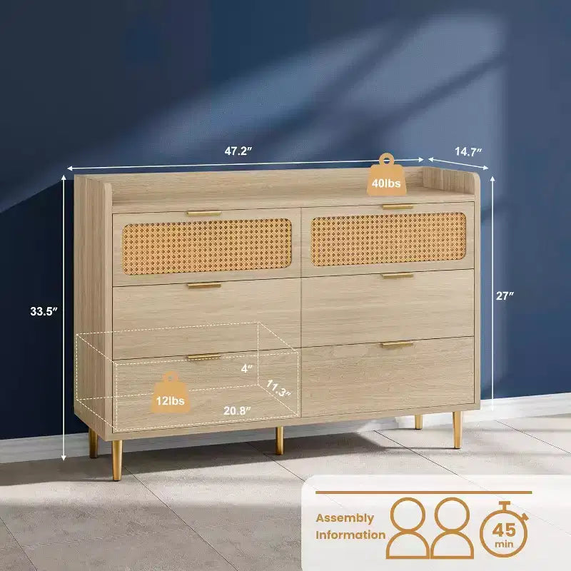 Zstar 47 wide 6 drawer double dresser for bedroom